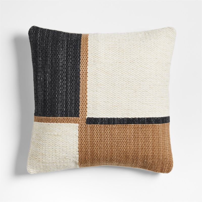 Lazio Woven Kilim Colorblock 20''x20" Ink Black and Brulee Brown Throw Pillow with Down-Alternati... | Crate & Barrel