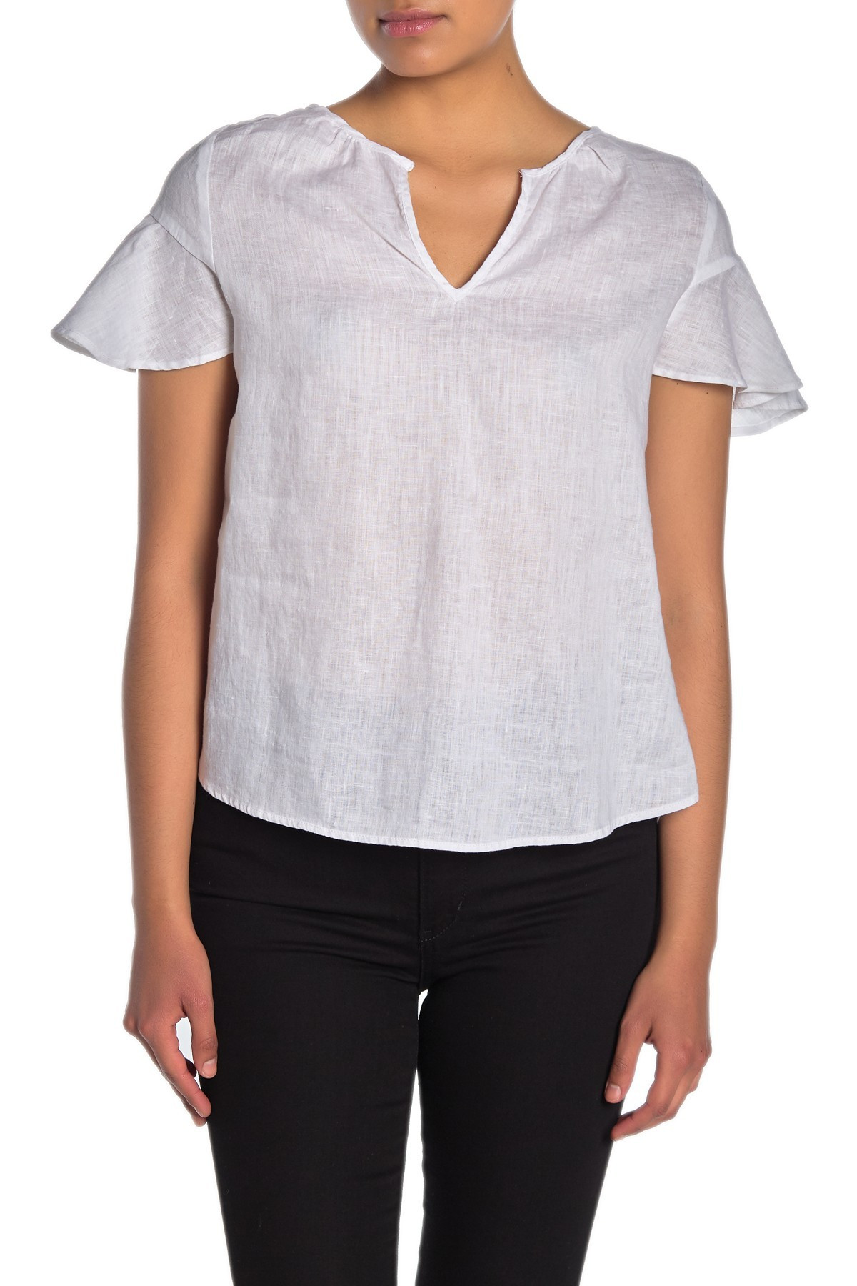 Short Sleeve Split Neck Linen Top (Petite) | Nordstrom Rack