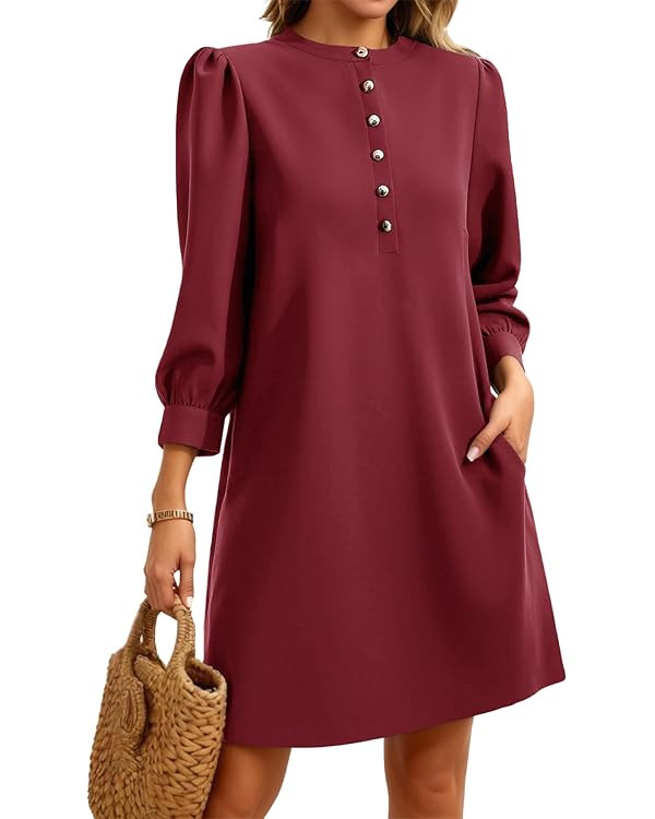 Wenrine Womens 3/4 Puff Sleeve Mini Dress Button Crewneck Elegant Casual Business Shift Dresses 2... | Amazon (US)