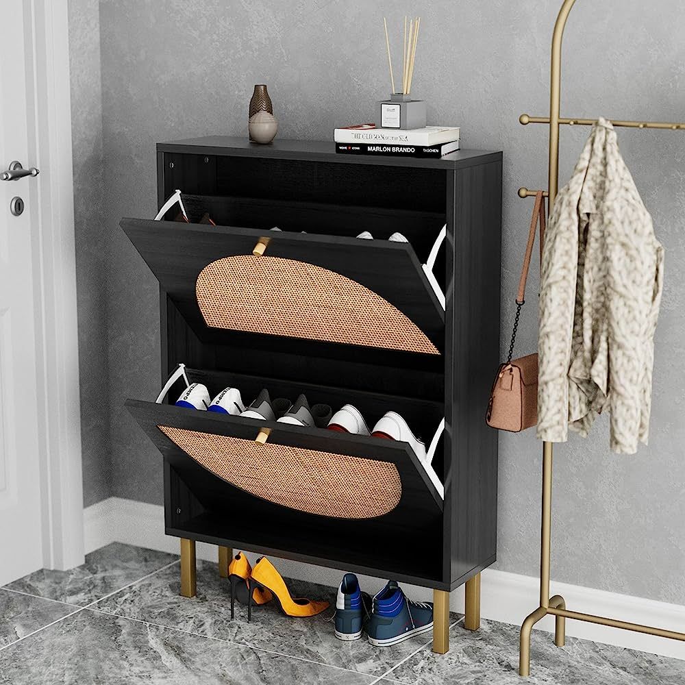 SSLine Shoe Cabinet with 2 Flip Down Storage Shelves Free-Standing Shoe Rack Modern Black Wood Sh... | Amazon (US)