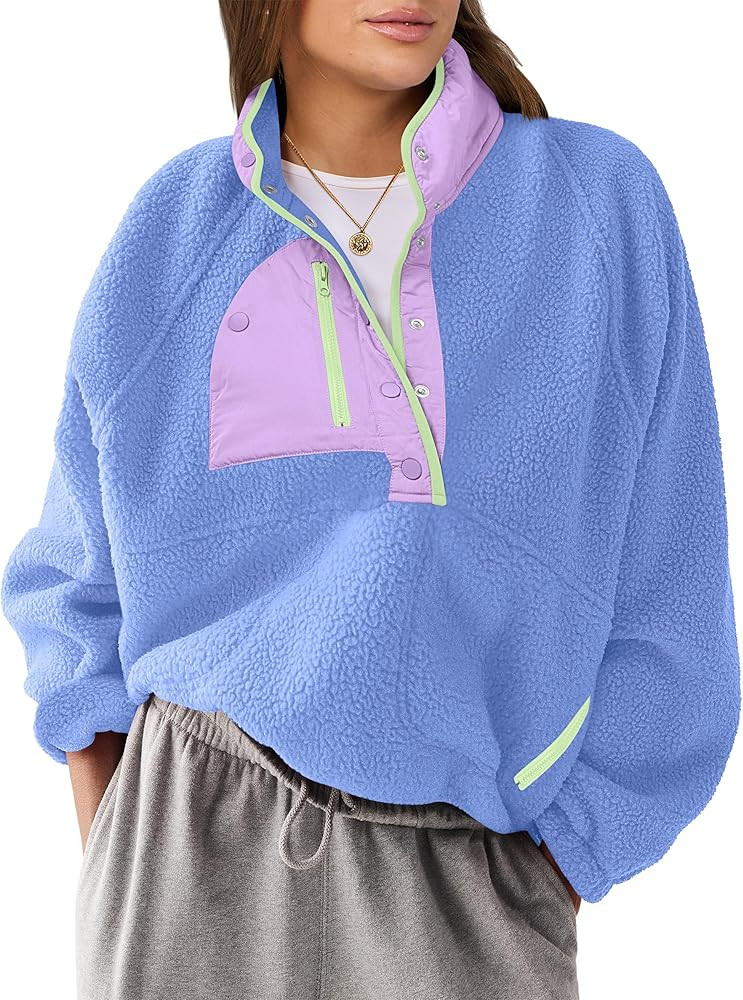 ANRABESS Women Fuzzy Fleece Pullover Sherpa Sweatshirt Long Sleeve Button Down Warm Soft Loose Sw... | Amazon (US)