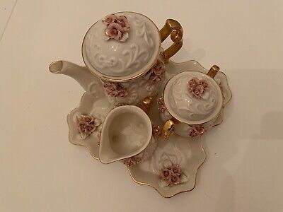 Imperfect Cracker Barrel Ivory Porcelain 6PC Tea Set W/ Pink Roses and Gold Trim | eBay US