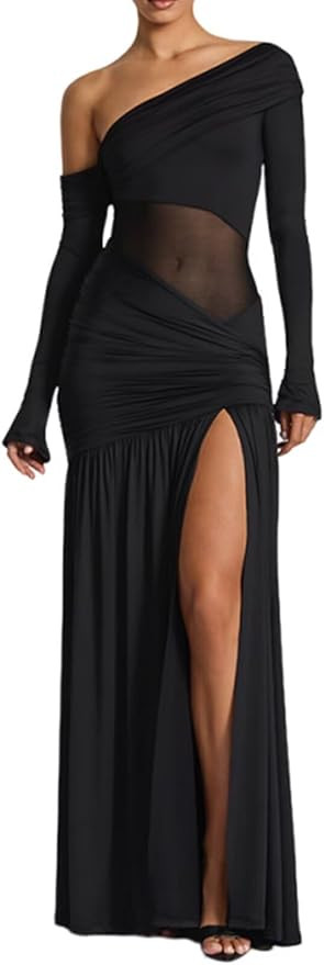 Women's Sexy Off Shoulder Maxi Dress Long Sleeve High Slit Ruched Long Dress Mesh Party Cocktail ... | Amazon (US)