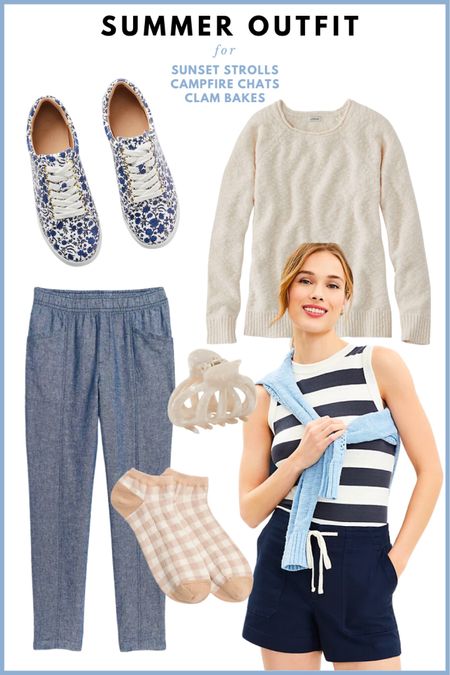 Summer outfit 2023 // floral sneakers, light sweater, cropped pants, striped tank top, utility shorts, gingham socks. Casual outfit, weekend outfit, spring outfit, travel outfit. 

#LTKstyletip #LTKunder100 #LTKSeasonal