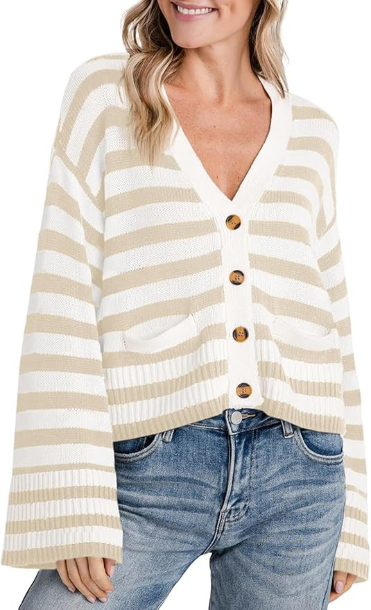 Saodimallsu Womens Striped Cardigan Sweaters Cropped Fall Button Open Front Long Sleeve Knit Swea... | Amazon (US)