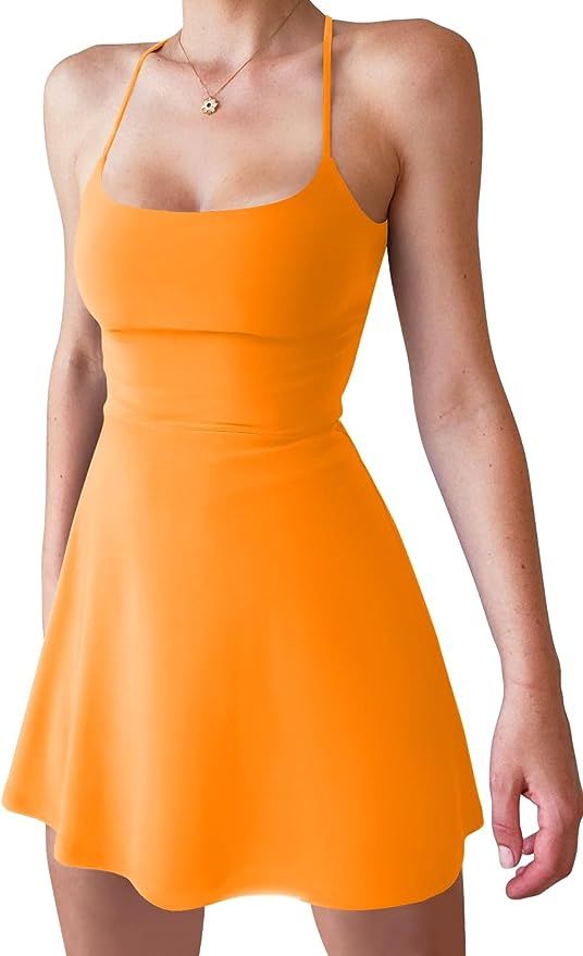 HYZ Women's Casual Athletic Scoop Neck Spaghetti Strap Tennis Mini Dress with Shorts | Amazon (US)