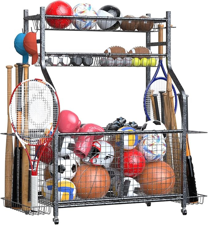 Garage Sports Equipment Organizer - Garage Sports Ball Storage Rack with 360° Wheels - Sports St... | Amazon (US)