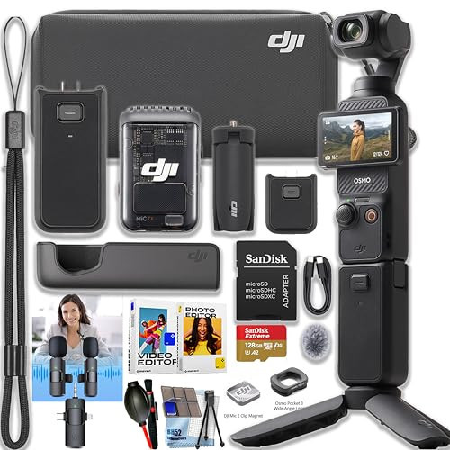 DJI Osmo Pocket 3 Creator Combo Bundle with Clip-On Transmitter/Recorder, Wide Angle Lens, Battery Handle, Mini Tripod, Carrying Bag + 3 in 1 Mic, 128GB Extreme Micro SD Card, Cleaning Kit | Amazon (US)