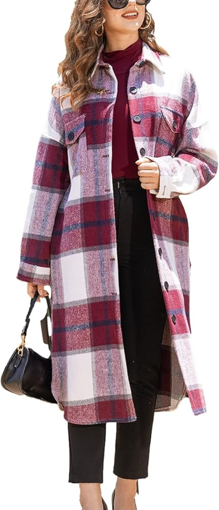 Shiyifa Women's Casual Lapel Plaid Tartan Jackets Button Down Trench Shacket Coats | Amazon (US)