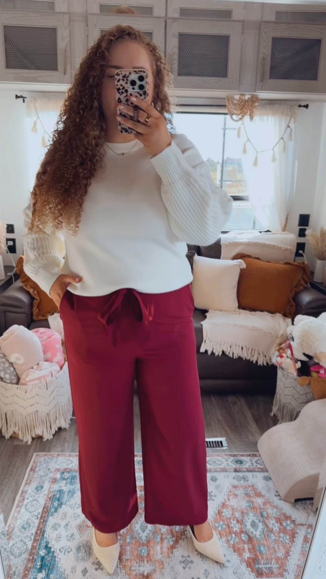 Cozy layers and a little holiday polish ✨ Slipped into something simple but still feels put together for all the end of year plans. 👏 It’s that time where everything needs to be cute and comfortable, and this look does both. Saving it here so you can grab it for any holiday moment coming up 🎁❤️ white sweater | amazon white sweater | winter white sweater | cozy white sweater | holiday white sweater | berry red pants | red dress pants | amazon red dress pants | palazzo pants | holiday palazzo pants | red wide leg pants | dressy red pants | pearl heels | slingback heels | pearl slingback heels | holiday outfit | christmas outfit | holiday event outfit | christmas party outfit | office holiday party outfit | holiday office outfit | work christmas outfit | dressy holiday outfit | christmas dinner outfit | holiday chic outfit | winter event outfit | winter dressy outfit | festive outfit idea | classy holiday outfit | elegant christmas outfit | red and white holiday outfit | seasonal outfit inspo | winter wardrobe staples | holiday style ideas

#LTKdayinmylife #LTKHoliday #LTKootd