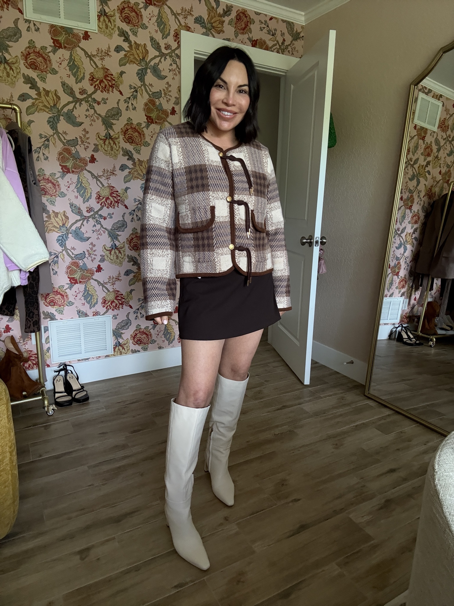 I styled this plaid cropped cardigan with a brown mini skirt and white knee-high boots for an outfit of the day. #ootd #kneehighboots #miniskirt #thanksgiving 

#LTKSeasonal #LTKOver40 #LTKHoliday