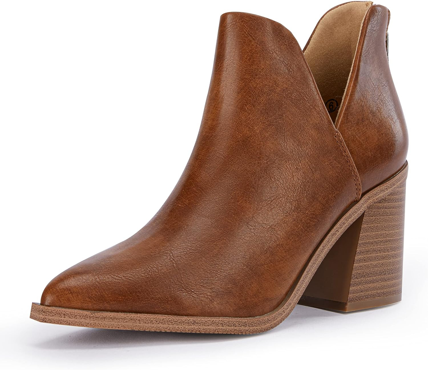 Womens Pointed Toe Stacked Mid Heel Ankle Boots V Cut Back Zipper Faux Leather Booties | Amazon (US)