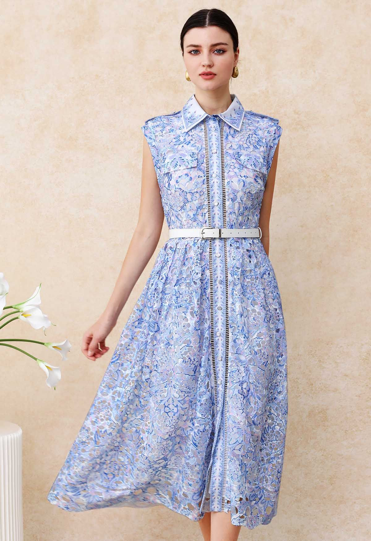 Blue Exotic Printed Guipure Lace Sleeveless Midi Dress | Chicwish