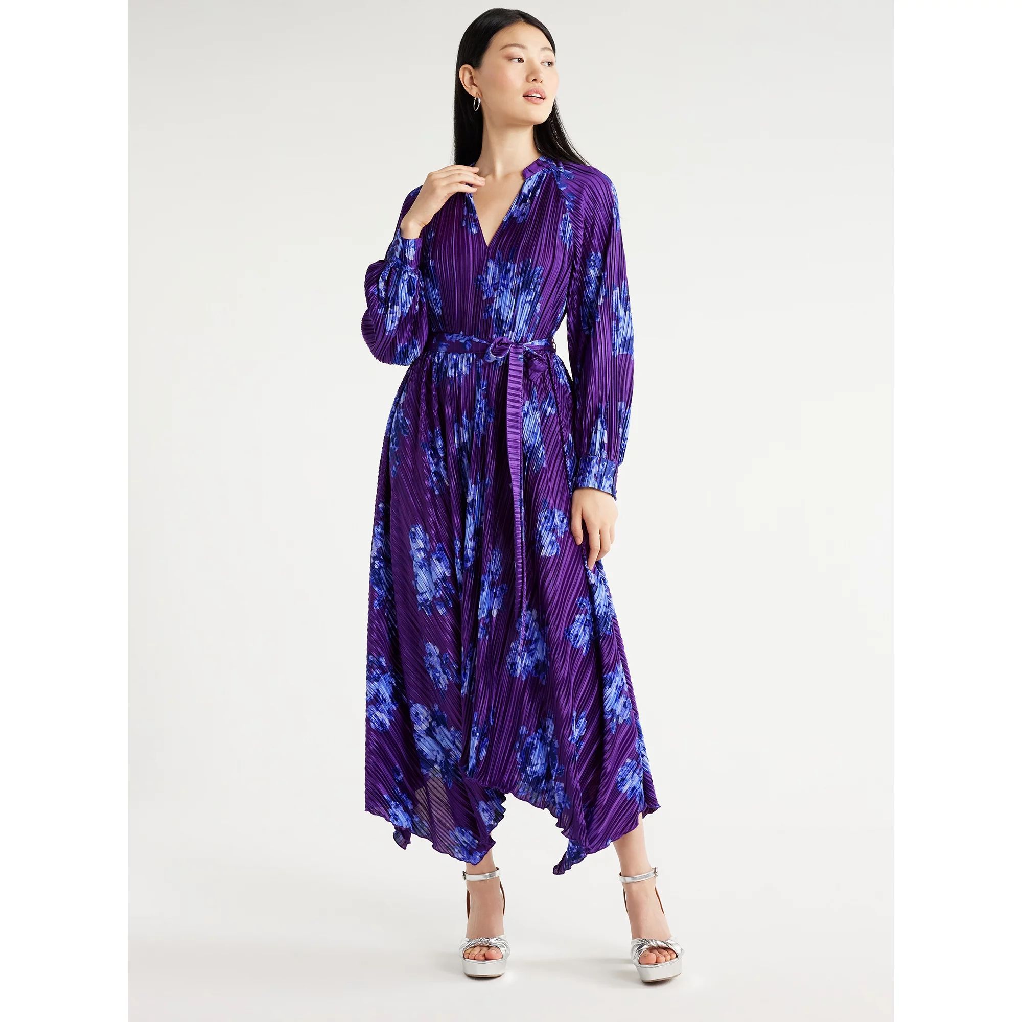 Scoop Women's Long Sleeve Plisse Midi Dress with Handkerchief Hem, Sizes XS-XXL | Walmart (US)