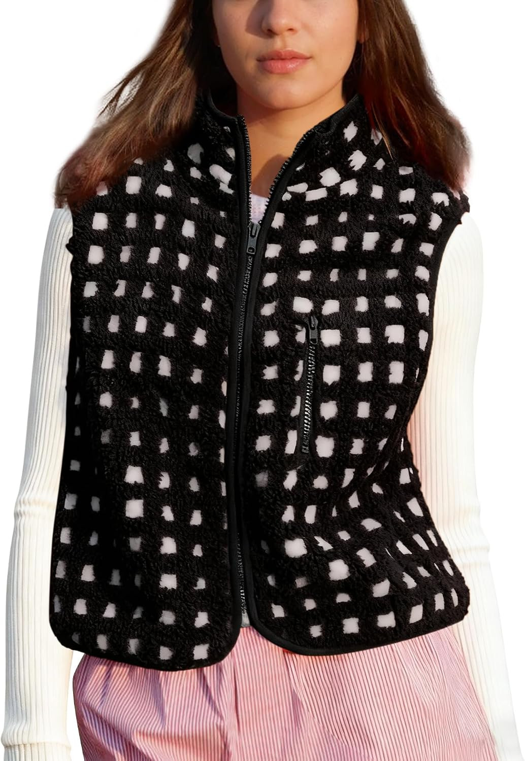 Plaid Fleece Vest Women Sleeveless Sherpa Vest Full Zip Jacket | Amazon (US)