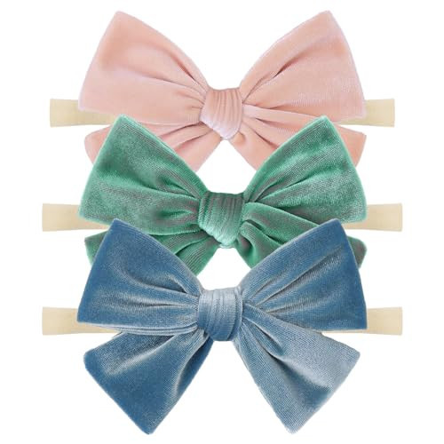 ONENINEDREAM 4'' Baby Velvet Gloss Bows Handmade Headbands Tied Bow Elastic Nylon Hair Accessories for Baby Girls Newborn Infant 3 Pcs Light Blue Aqua Pink | Amazon (US)
