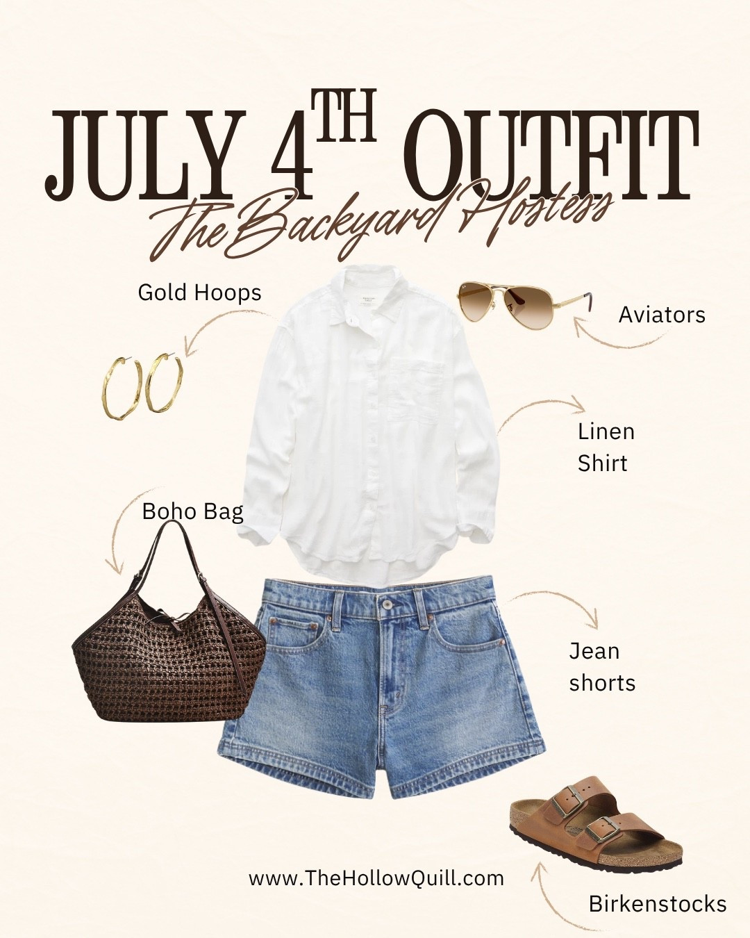 July 4th outfit idea: white linen shirt, denim shorts, gold hoops, aviators, boho bag, and Birkenstocks. Festive without the flag costume energy, comfortable enough for hosting, eating, walking, and surviving the heat. Shop the full backyard hostess look.

#LTKootd #LTKgrwm #LTKSeasonal