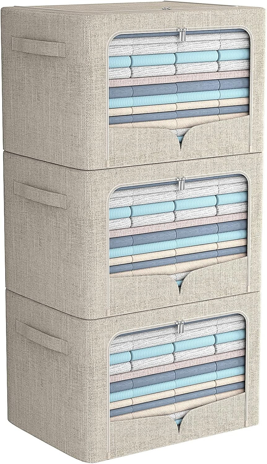 FHSQX 3 Pack Clothes Storage Bins - Foldable Metal Frame Storage Box - Stackable Linen Fabric Container Organizer Set with Carrying Handles and Clear Window (Beige, 15.7x11.8x7.8inch(22L)) | Amazon (US)