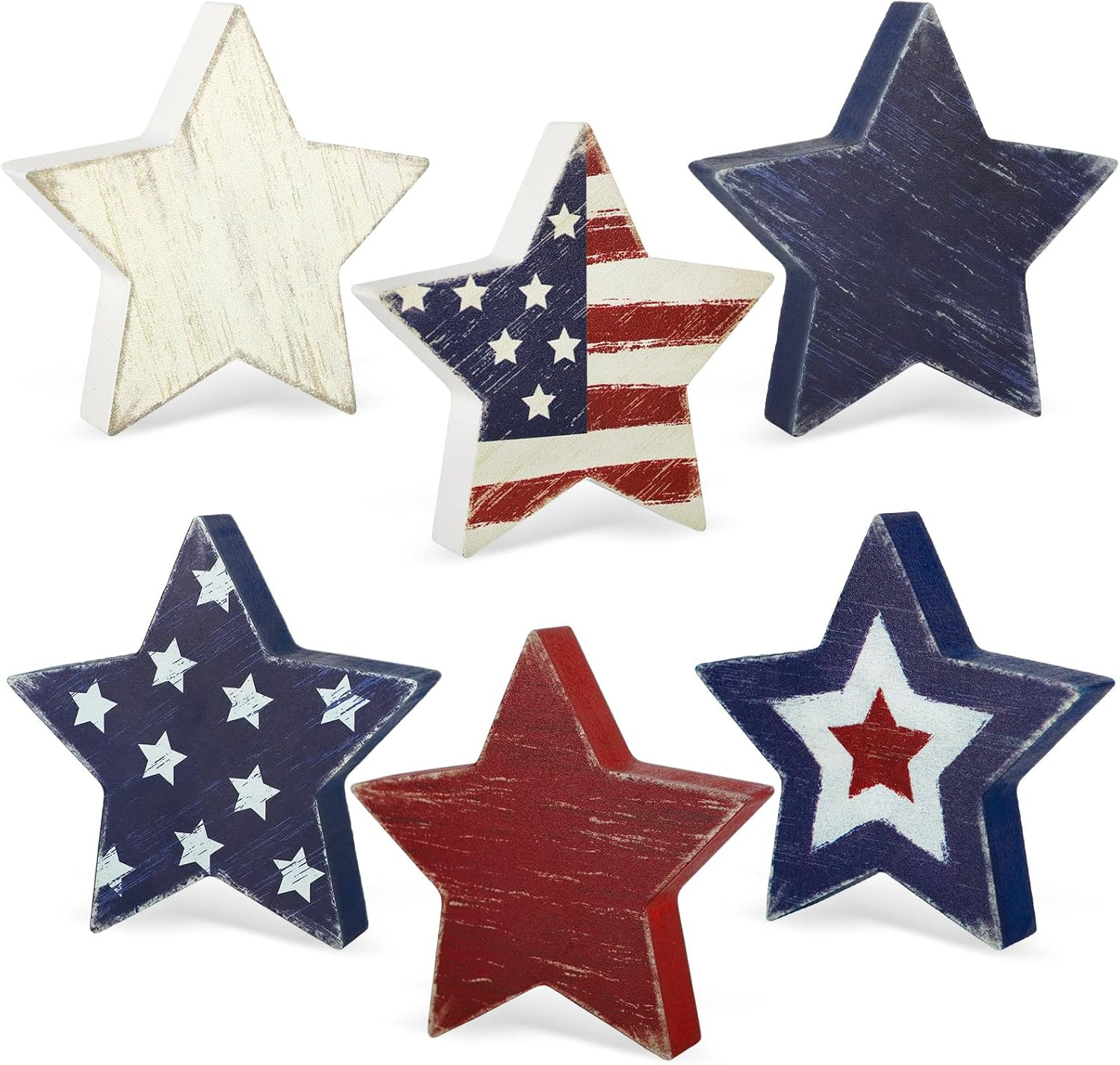4th of July Decorations Wooden Star Set of 6, Red White and Blue Decorations, Retro Patriotic Mem... | Amazon (US)