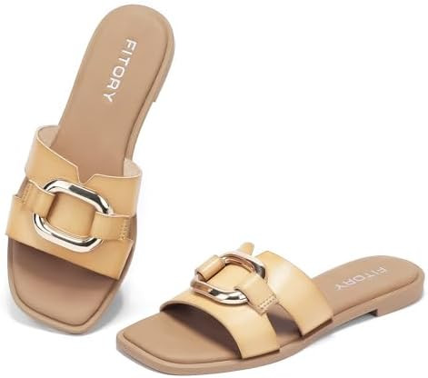 FITORY Women's Flat Sandals Fashion Square Open Toe Slides With Metal Chain Slippers for Summer S... | Amazon (US)