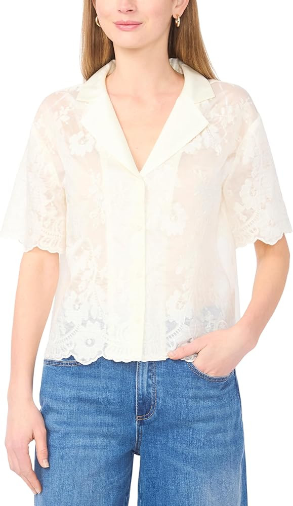 Vince Camuto Women's Embroidered Tencel Collared Short Sleeve Top | Amazon (US)