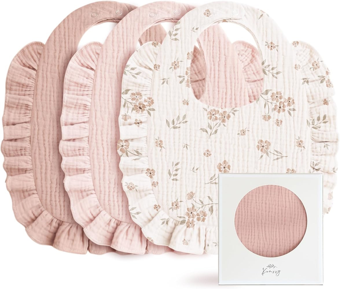 Konssy Muslin Baby Bibs for Girls – Soft 100% Cotton Drool Bibs, Ruffle Trim for Newborns & Tod... | Amazon (US)