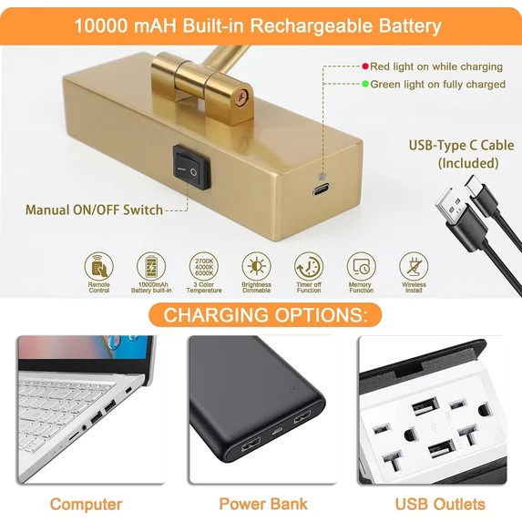 Picture Light Battery Operated with Remote, 3CCT Dimmable Picture Light for Paintings, Brass Rech... | Walmart (US)