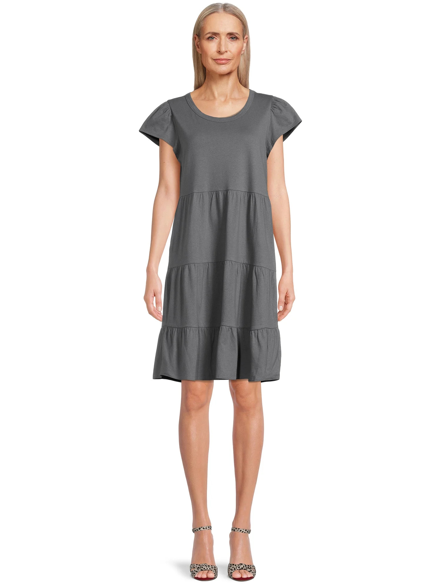 Time and Tru Women's Short Sleeve Tiered Knit Dress | Walmart (US)