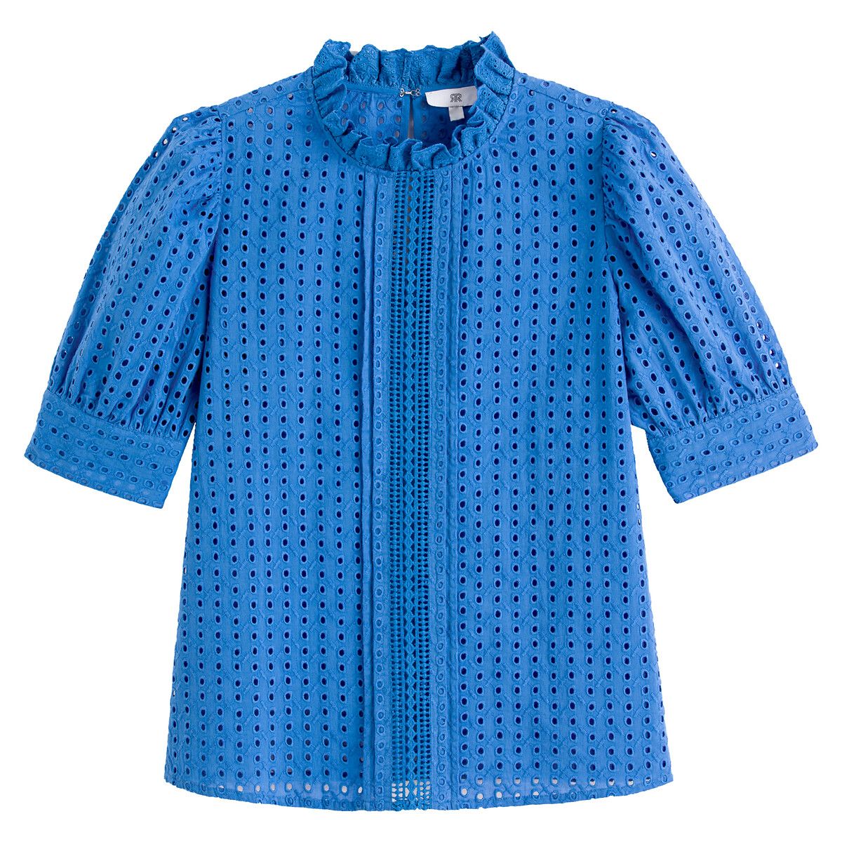 Cotton Broderie Anglaise Blouse with Ruffled High Neck | La Redoute (UK)