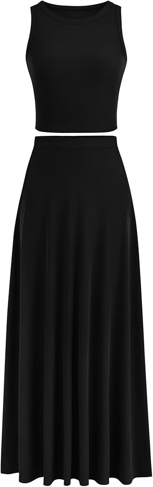 PRETTYGARDEN Women's 2 Piece Maxi Skirt Sets Casual Summer Knit Cropped Tank Top High Waisted Lon... | Amazon (US)
