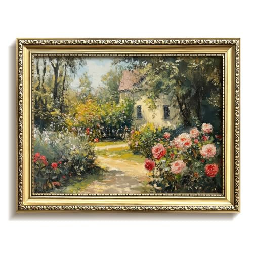 Vintage Gold Framed Cottage Garden Wall Art, Floral Cottage Landscape Canvas Painting Print Picture, Romantic French Country Flower House Wall Decor for Living Room Bedroom Kitchen Home Decor 8x10 Inch | Amazon (US)