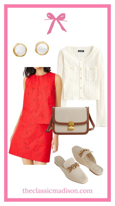 Red matching set, white ribbed cardigan, classic spring accessories 