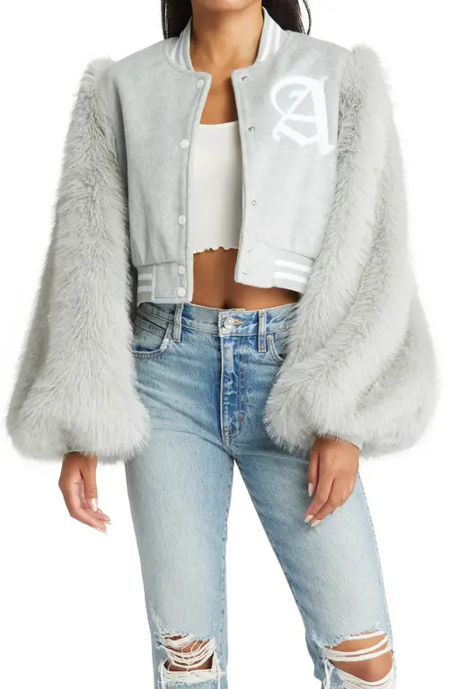 AZALEA WANG Ruela Varsity Faux Fur Sleeve Bomber Jacket in Grey at Nordstrom, Size Small | Nordstrom
