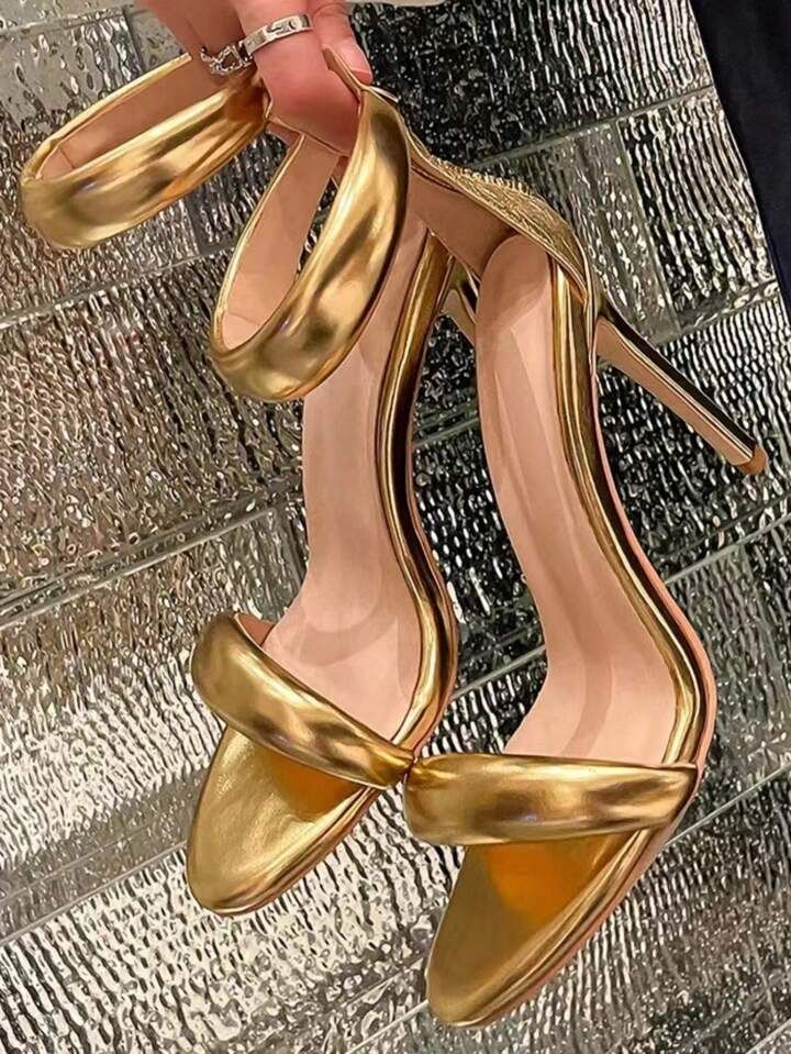 Fashionable Gold Strappy Stiletto Sandals, Open Toe And Ankle Strap, Perfect For Runway Shows | SHEIN