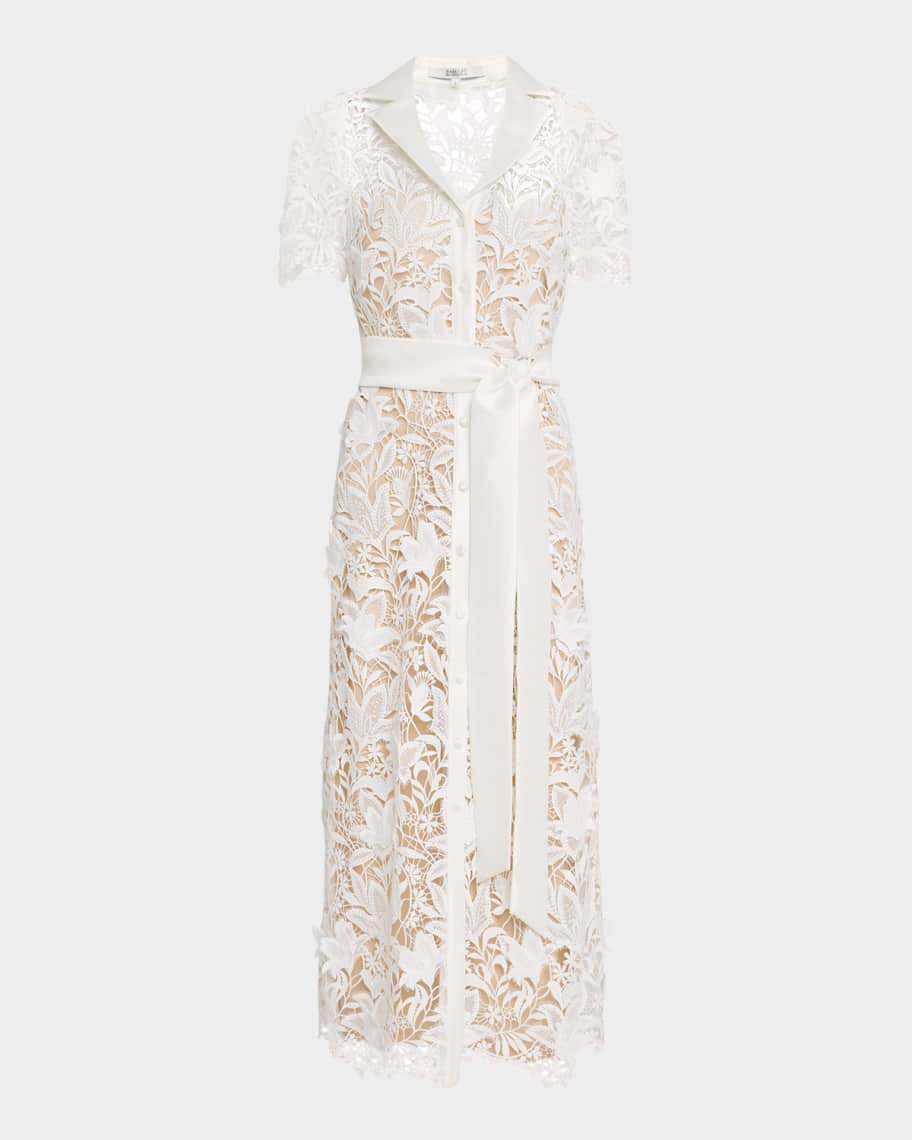 Badgley Mischka Collection Scalloped Floral Lace Midi Dress | Neiman Marcus