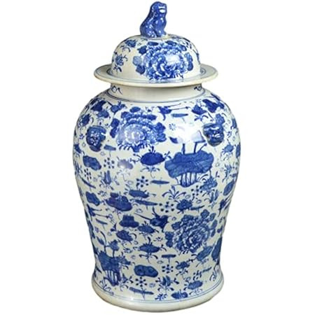 19" Antique Like Finish Retro Blue and White Porcelain Blue Butterfly Temple Ceramic Ginger Jar Vase | Amazon (US)