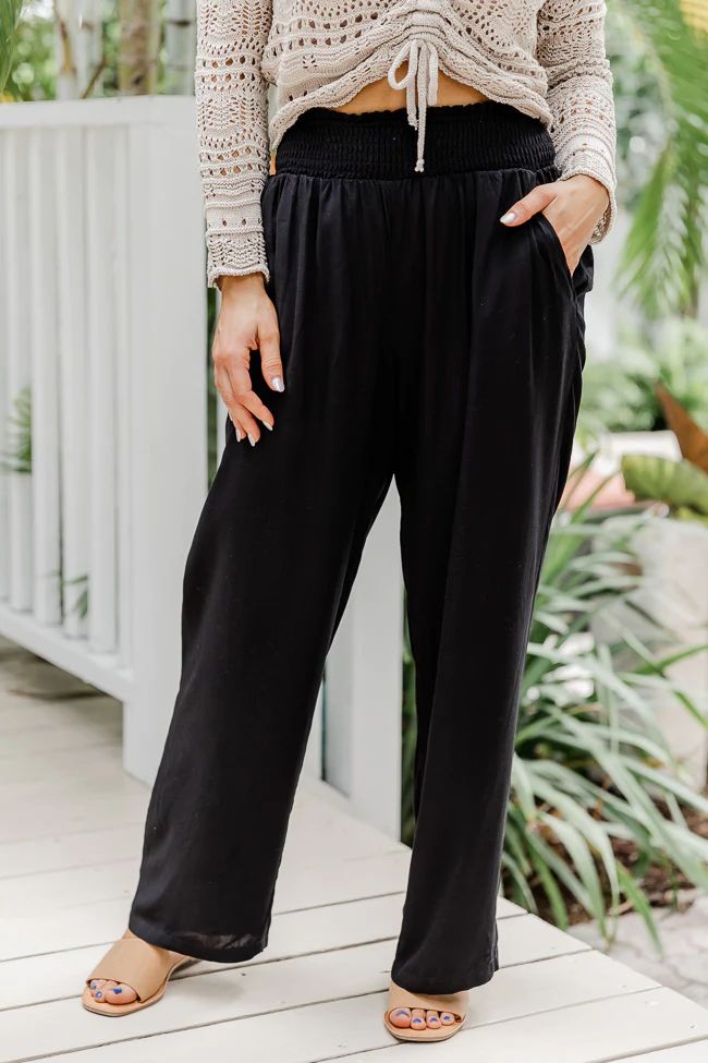 Far And Wide Smocked Waist Black Pants | Pink Lily