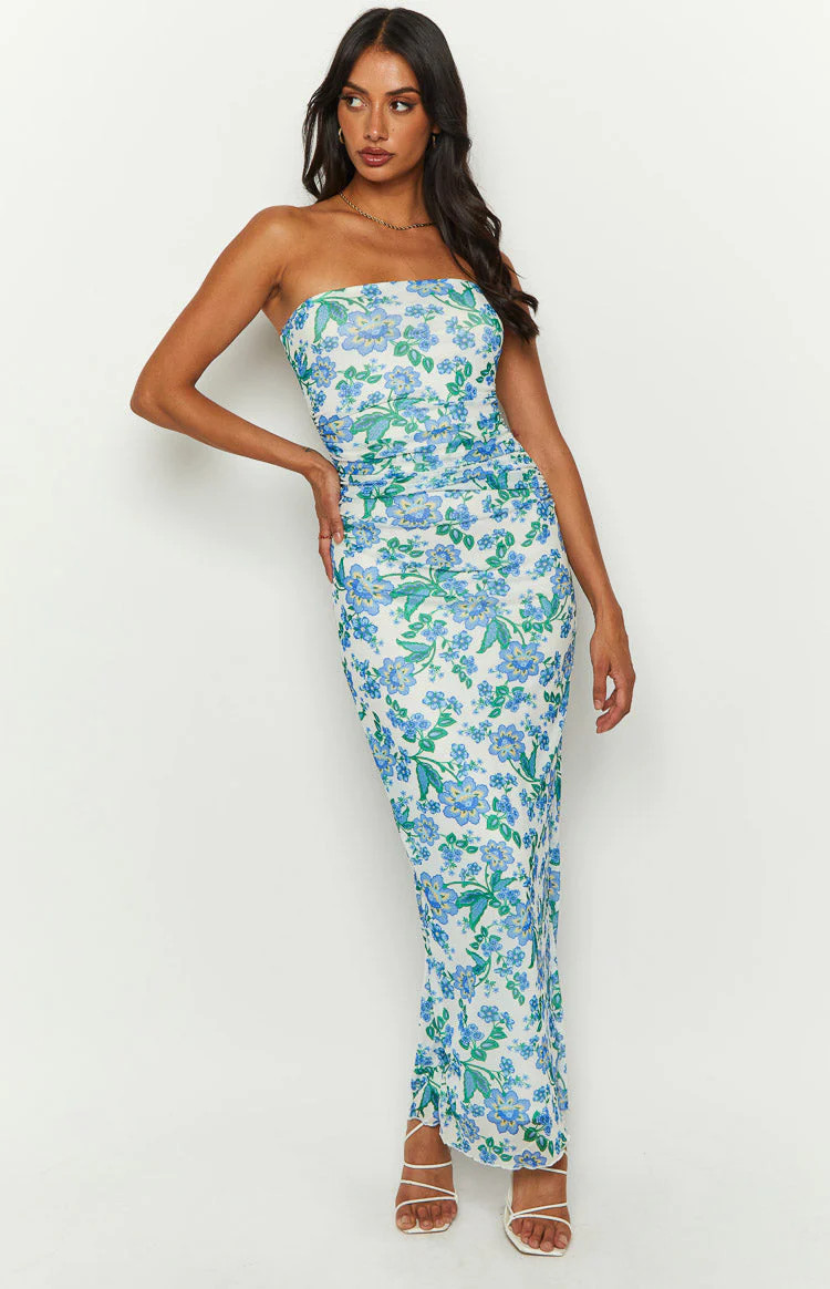 Imogen Blue Floral Strapless Maxi Dress | Beginning Boutique (US)