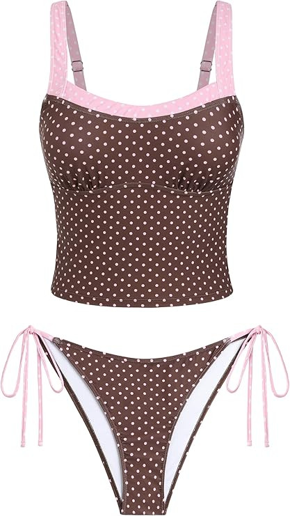 ZAFUL Women's Gingham Ruched Bowknot Decor Cinched Back Tankini Set Tummy Control 2 Piece Bikini ... | Amazon (US)