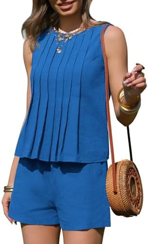 EXLURA Linen Sets for Women 2 Piece Sleeveless Pleated Babydoll Tops Casual Matching Short Set Su... | Amazon (US)