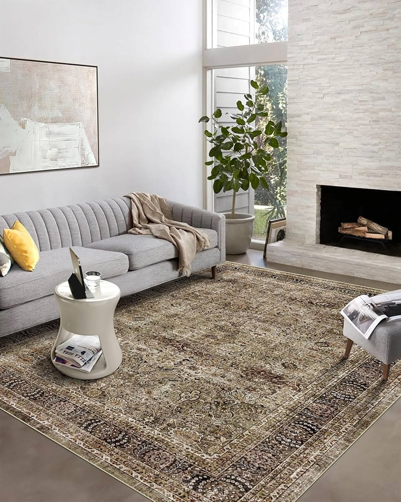Washable Rug, 8x10 Area Rugs with Anti-Slip Backing, Ultra Soft Rug, Stain Resistant Rugs for Living Room 8x10, Traditional Rug (Olive/Charcoal, 8'x10') | Amazon (US)