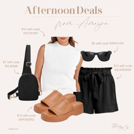Today’s afternoon deals include a white sleeveless mock neck top paired with tie waist black shorts, black sunglasses, a black sling bag, and tan platform slides. Remember to use the codes in the image to get the full discount!

Summer outfit, ootd, date night, Amazon fashion, tall friendly shorts 



#LTKstyletip #LTKfindsunder50 #LTKsalealert