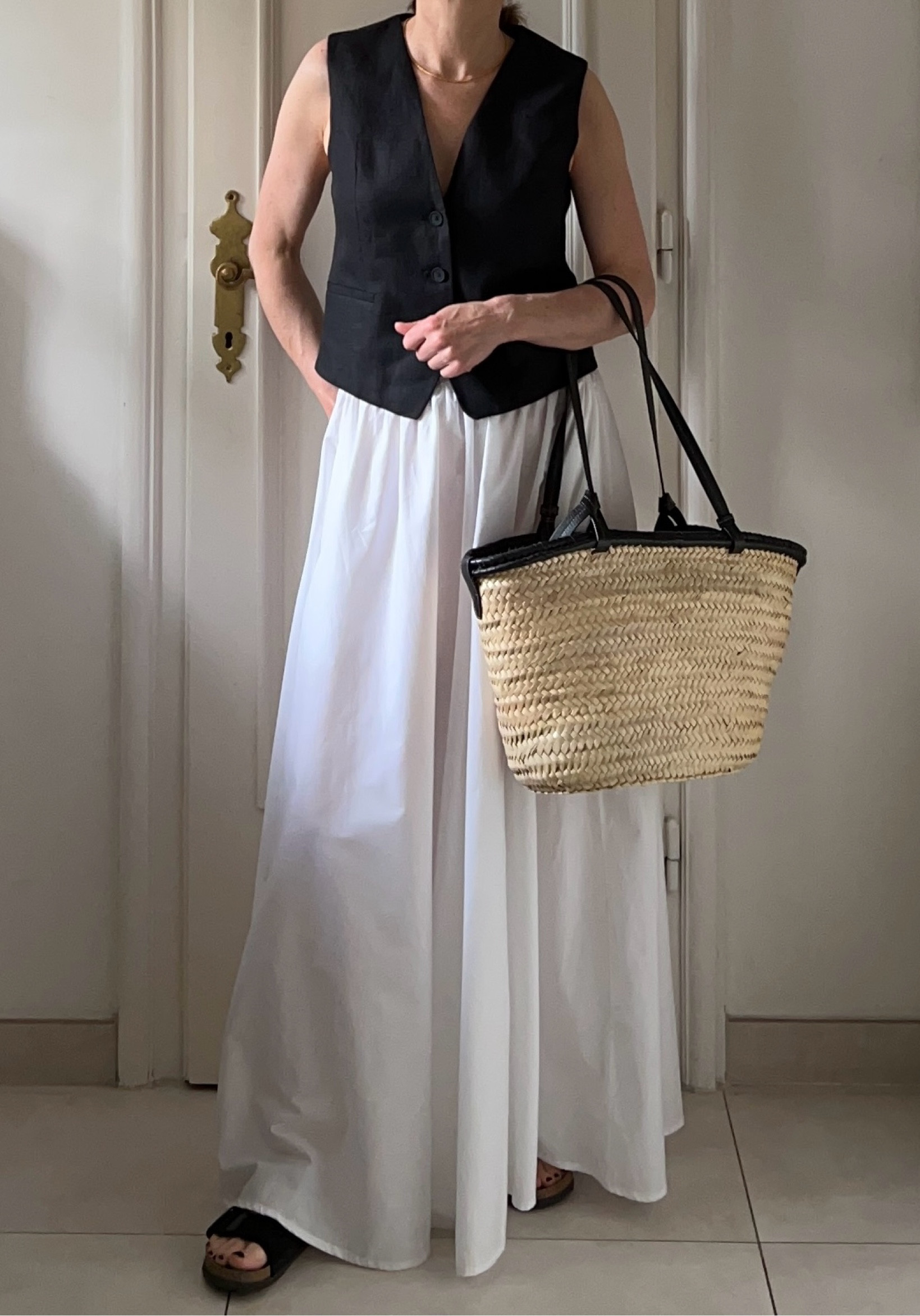 Summer outfit, casual outfit, white skirt outfit, maxi skirt outfit, basket bag, summer bags, Birkenstock, white maxi skirt, waistcoat outfit, linen waistcoat, black waistcoat, black linen waistcoat 

#LTKmodest #LTKbag #LTKsummer