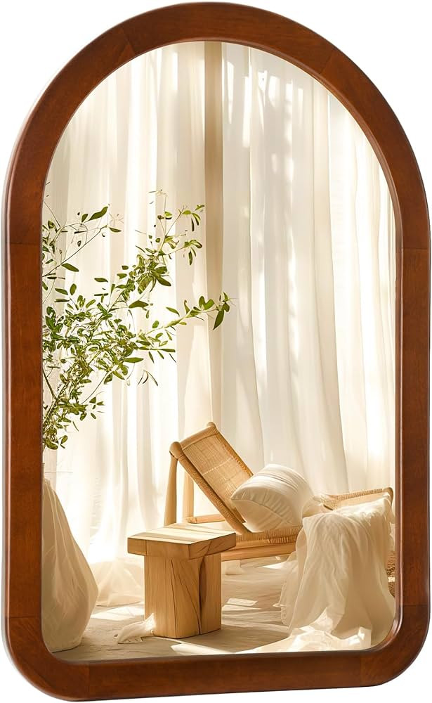 Arched Mirror 24 x 36 Inch,Walnut Brown Wood Rustic Bathroom Tempered Wall Mirror with Wood Frame... | Amazon (US)