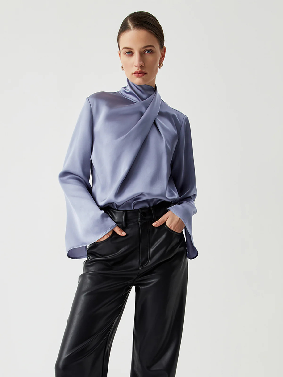 Asymmetric Pleated Turtleneck Satin Blouse | Commense