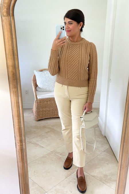 Cozy fall outfit: cable-knit sweater, corduroy pants, suede lug dole penny loafers, top handle bag

#LTKstyletip #LTKsalealert #LTKunder100