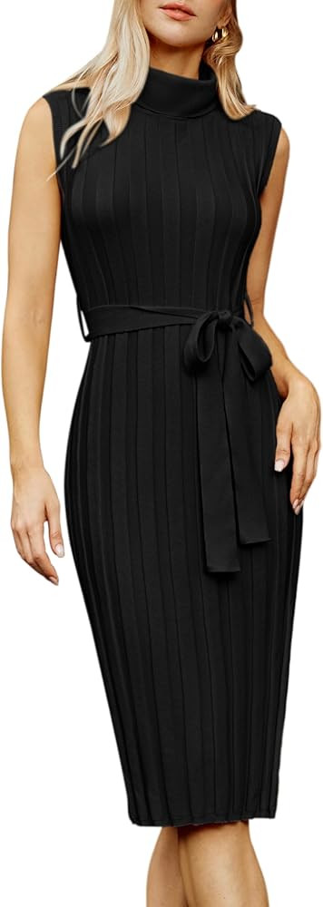 GRACE KARIN Women 2024 Fall Sweater Dress Ribbed Knit Sleeveless Turtleneck Side Slit Bodycon Mid... | Amazon (US)