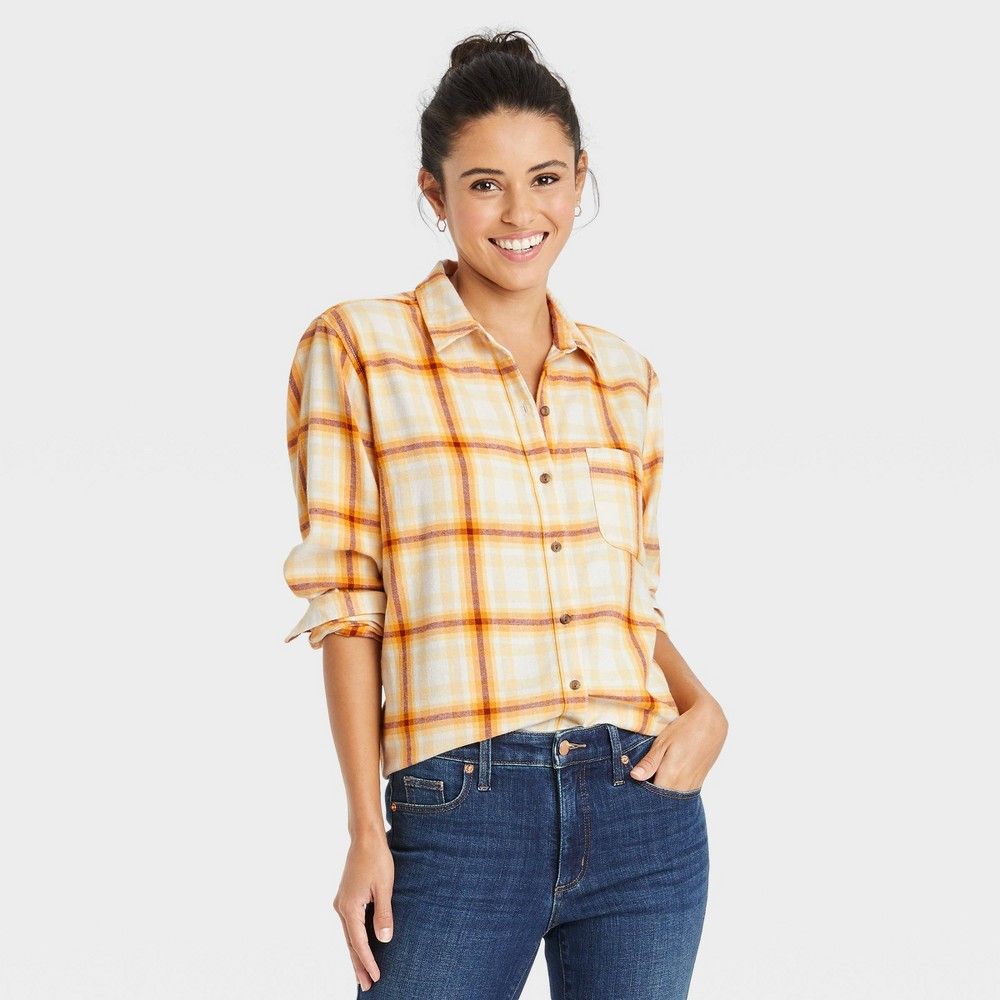 Women's Long Sleeve Flannel Button-Down Shirt - Universal Thread Yellow Plaid XS | Target