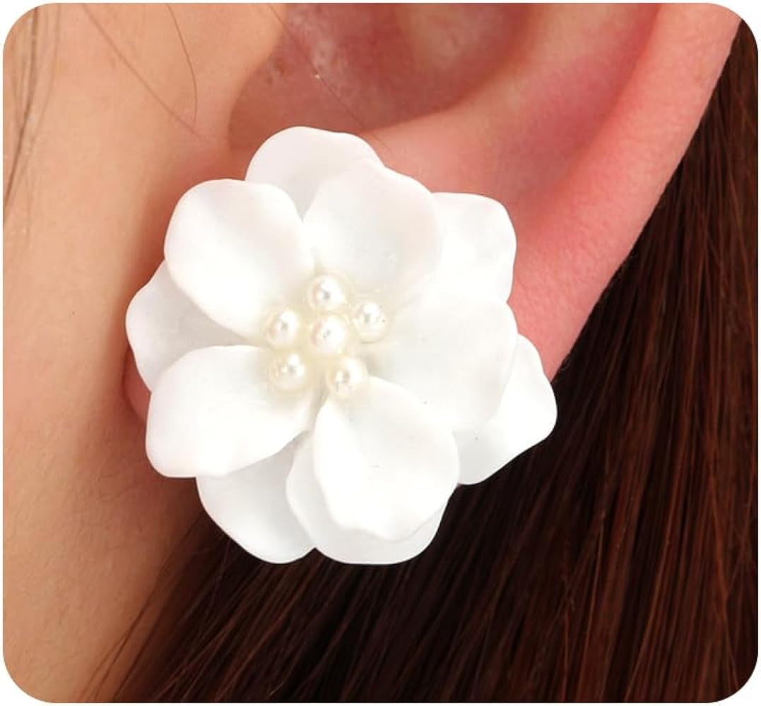 Rrdaily Boho Acrylic Pearl Flower Stud Earrings for Women White Exaggeration Camellia Drop Earrin... | Amazon (US)