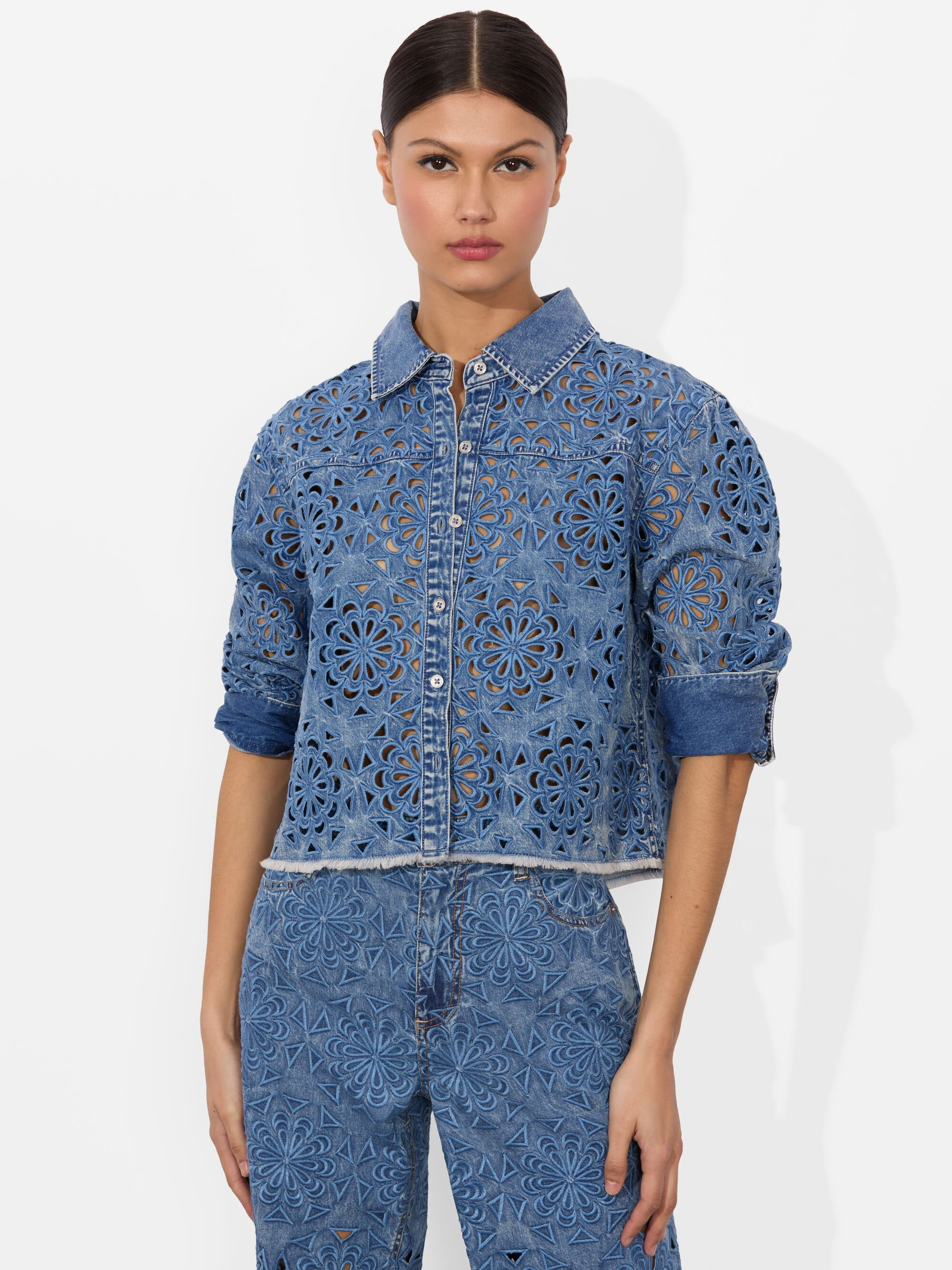 FINELY LASERCUT DENIM SHIRT | Alice + Olivia